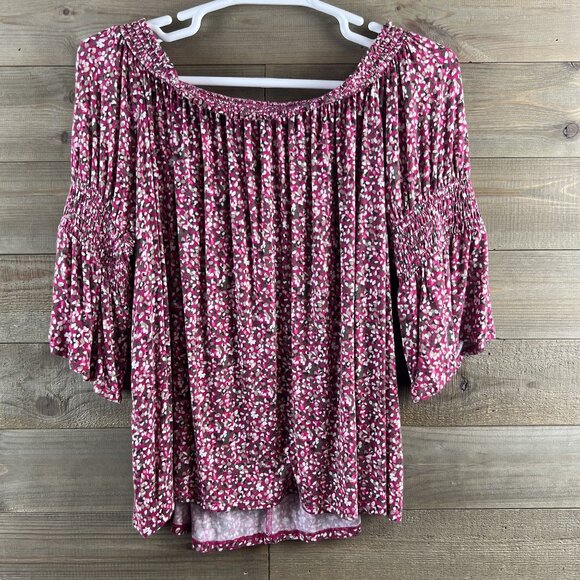 Lane Bryant Womens Shirt Short Sleeve Off The Shoulder Dotted Pink Size 22 24 - Picture 1 of 7